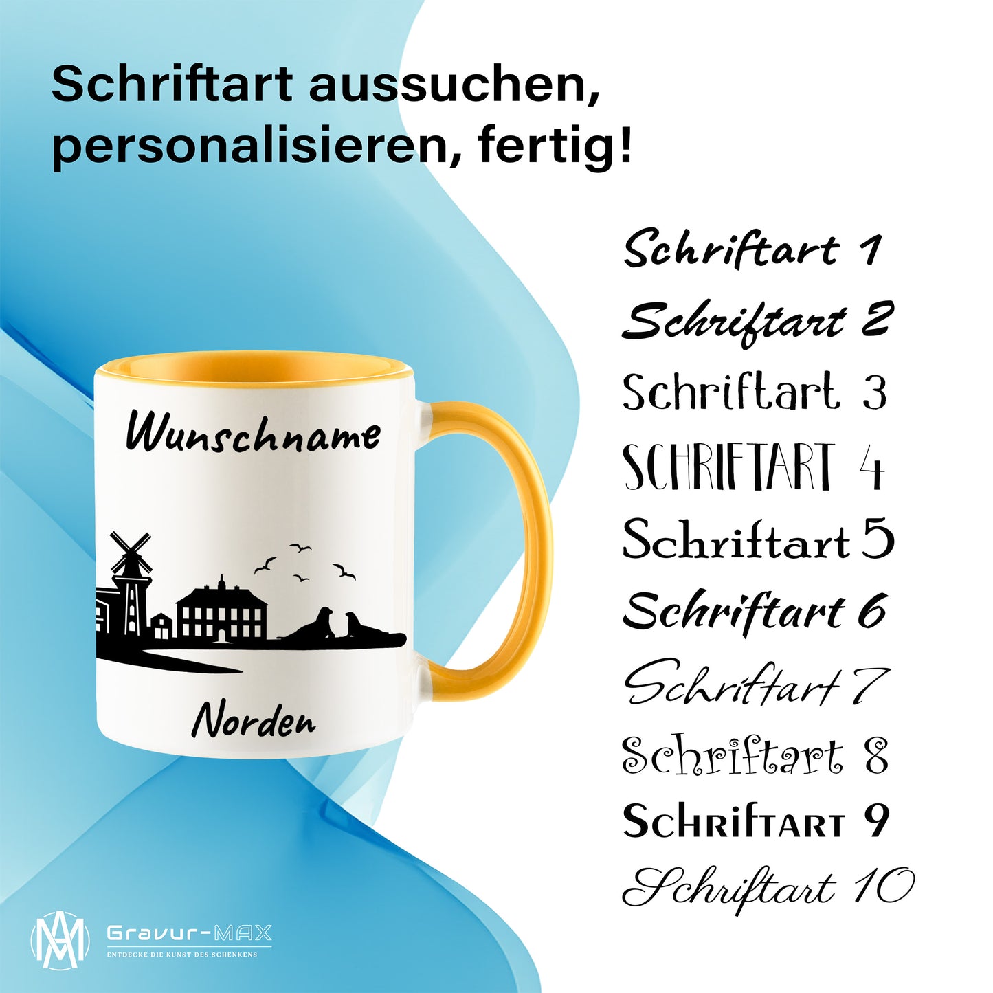 Tasse in Goldgelb 330ml bedruckt mit der Skyline von Norden personalisierbar mit Wunschname