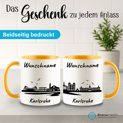 Tasse in Goldgelb 330ml bedruckt mit der Skyline von Karlsruhe personalisierbar mit Wunschname