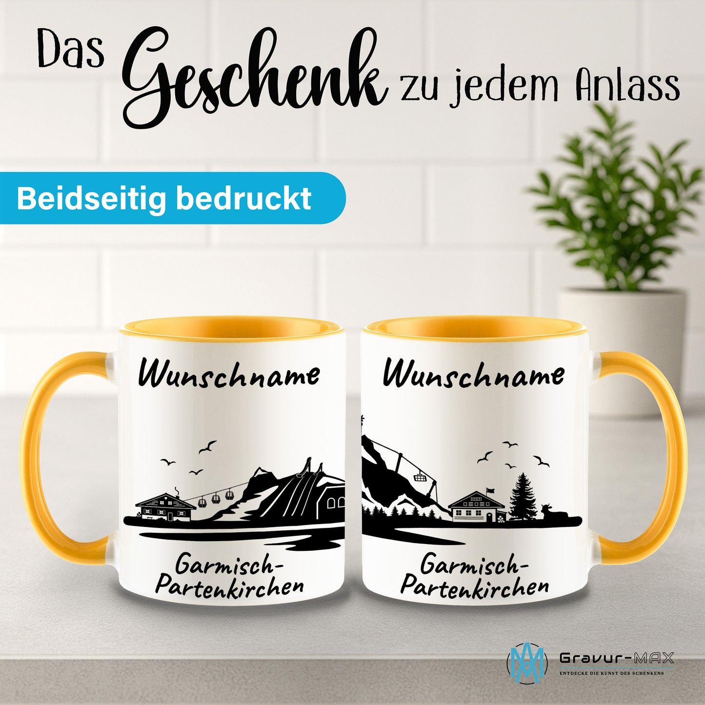 Tasse in Goldgelb 330ml bedruckt mit der Skyline von Garmisch-Partenkirchen personalisierbar mit Wunschname