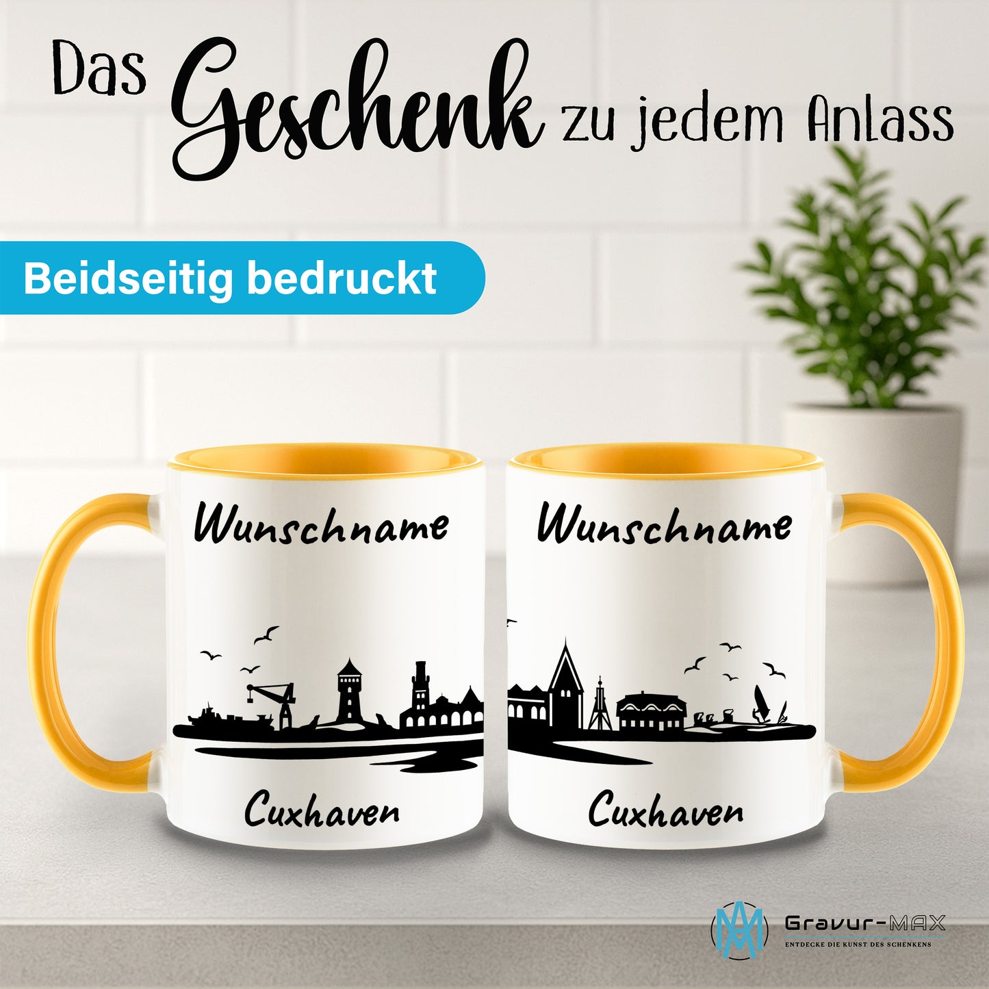 Tasse in Goldgelb 330ml bedruckt mit der Skyline von Cuxhaven personalisierbar mit Wunschname