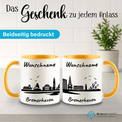 Tasse in Goldgelb 330ml bedruckt mit der Skyline von Bremerhaven personalisierbar mit Wunschname