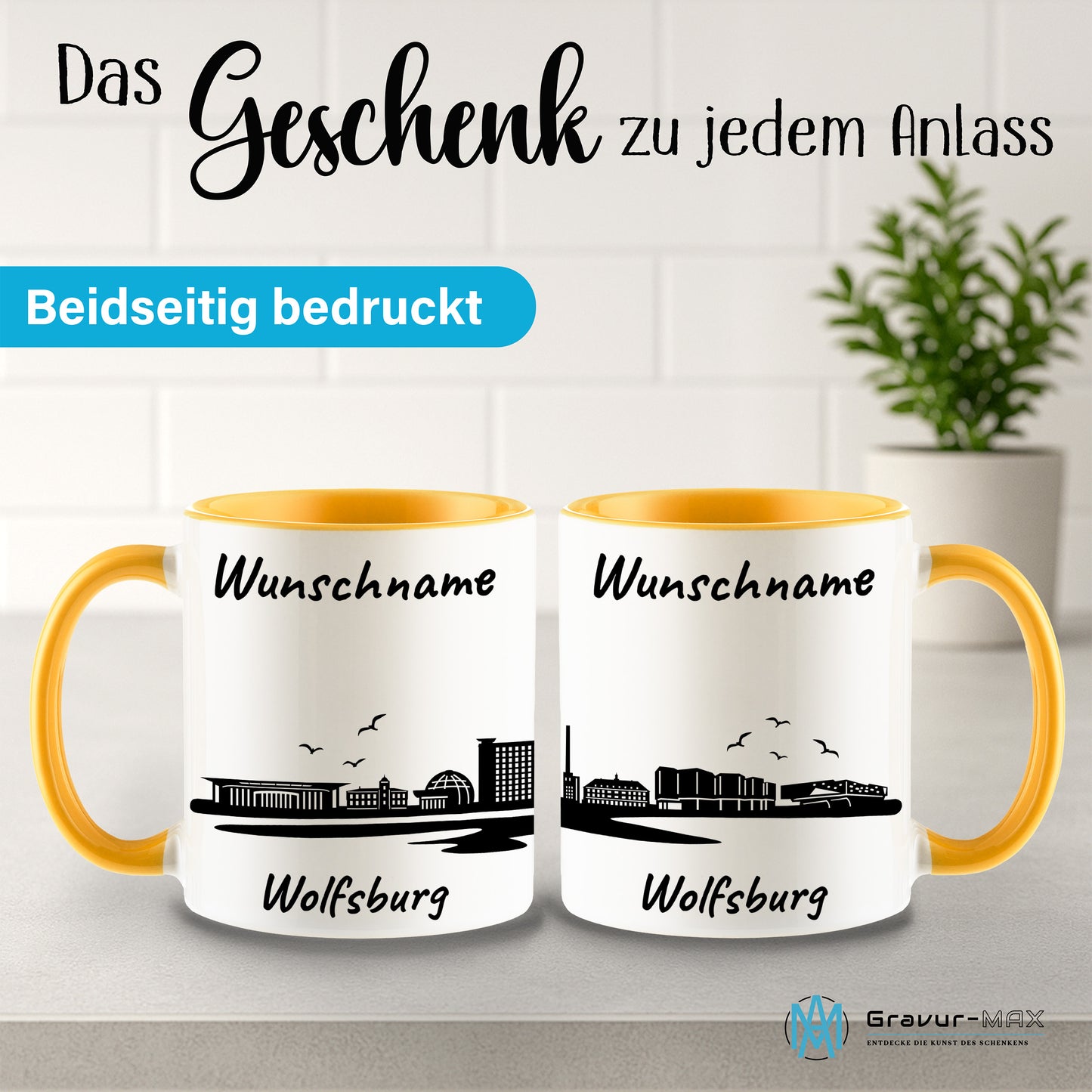 Tasse in Goldgelb 330ml bedruckt mit der Skyline von Wolfsburg personalisierbar mit Wunschname