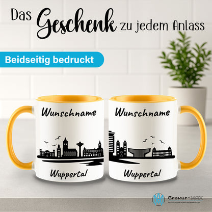 Tasse in Goldgelb 330ml bedruckt mit der Skyline von Wuppertal personalisierbar mit Wunschname