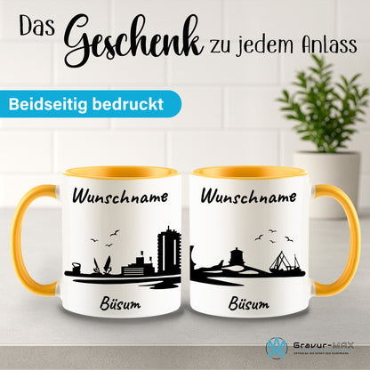 Tasse in Goldgelb 330ml bedruckt mit der Skyline von Büsum personalisierbar mit Wunschname