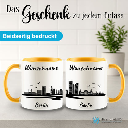 Tasse in Goldgelb 330ml bedruckt mit der Skyline von Berlin personalisierbar mit Wunschname