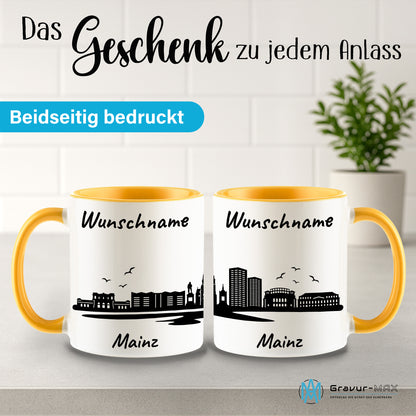 Tasse in Goldgelb 330ml bedruckt mit der Skyline von Mainz personalisierbar mit Wunschname