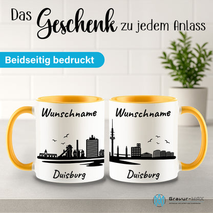 Tasse in Goldgelb 330ml bedruckt mit der Skyline von Duisburg personalisierbar mit Wunschname