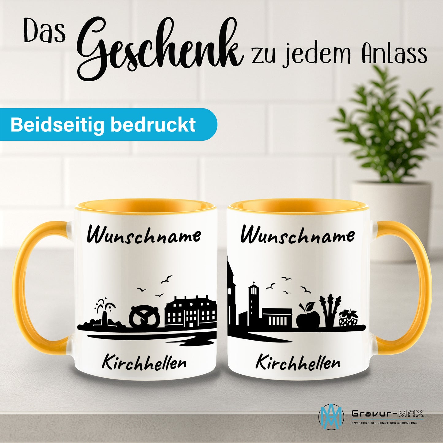 Tasse in Goldgelb 330ml bedruckt mit der Skyline von Kirchhellen personalisierbar mit Wunschname