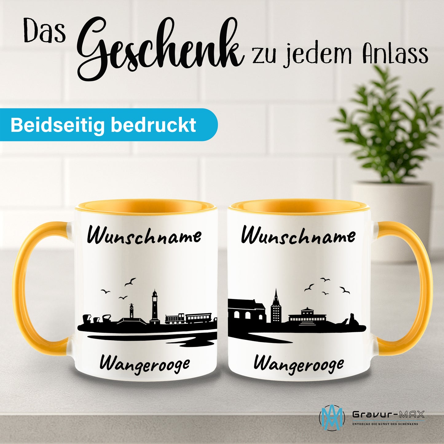 Tasse in Goldgelb 330ml bedruckt mit der Skyline von Wangerooge personalisierbar mit Wunschname