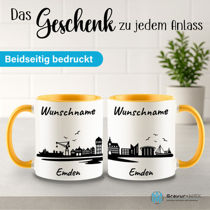 Tasse in Goldgelb 330ml bedruckt mit der Skyline von Emden personalisierbar mit Wunschname