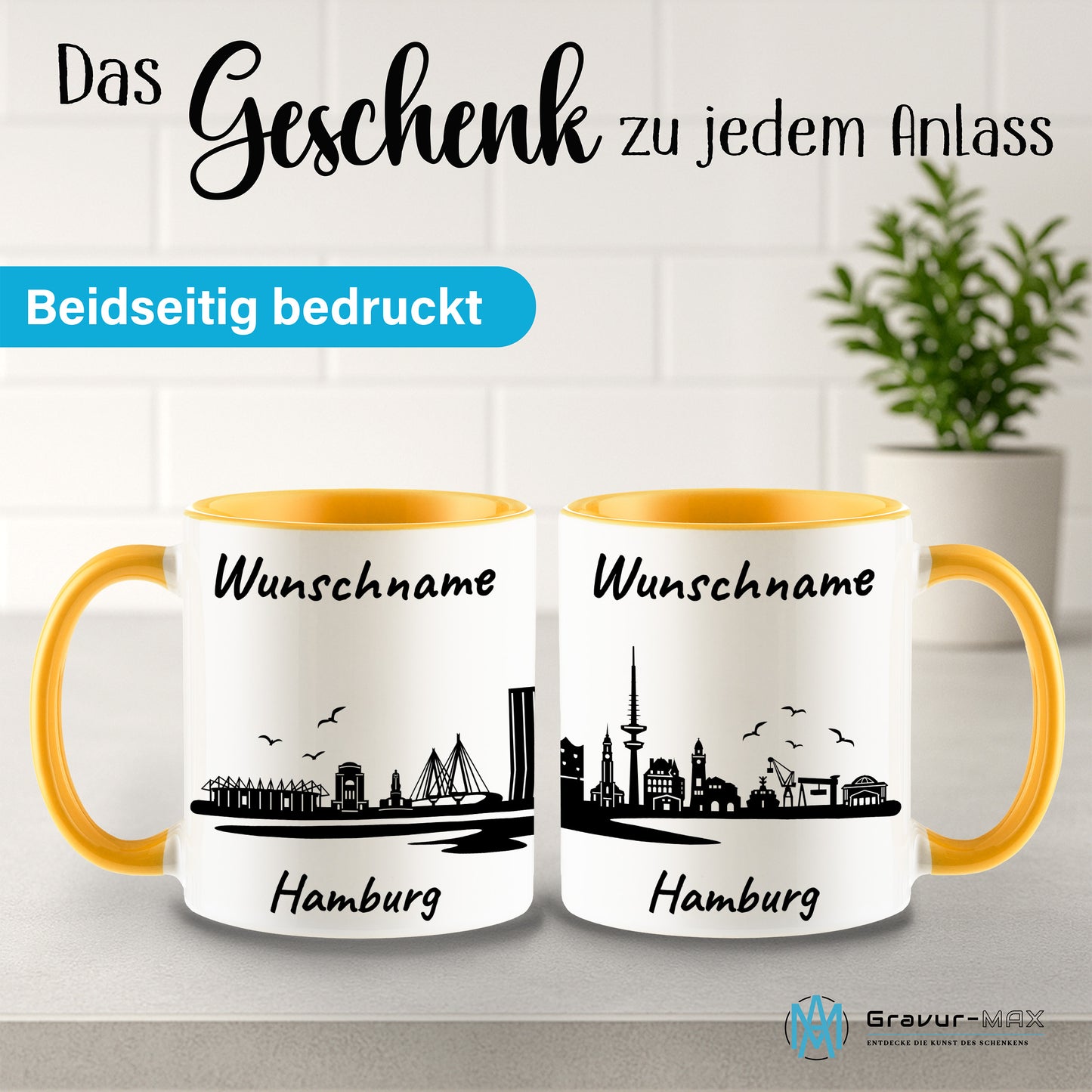 Tasse in Goldgelb 330ml bedruckt mit der Skyline von Hamburg personalisierbar mit Wunschname
