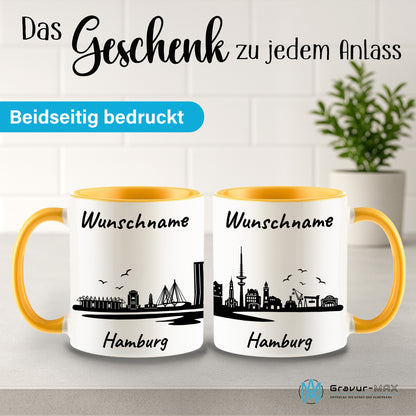 Tasse in Goldgelb 330ml bedruckt mit der Skyline von Hamburg personalisierbar mit Wunschname
