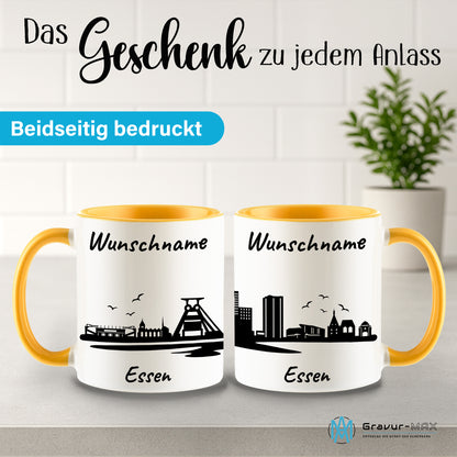 Tasse in Goldgelb 330ml bedruckt mit der Skyline von Essen personalisierbar mit Wunschname