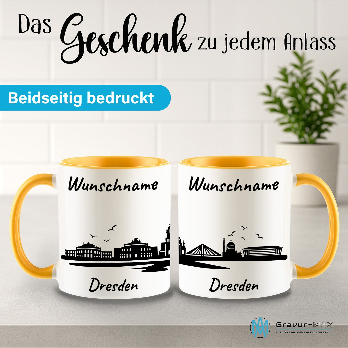 Tasse in Goldgelb 330ml bedruckt mit der Skyline von Dresden personalisierbar mit Wunschname