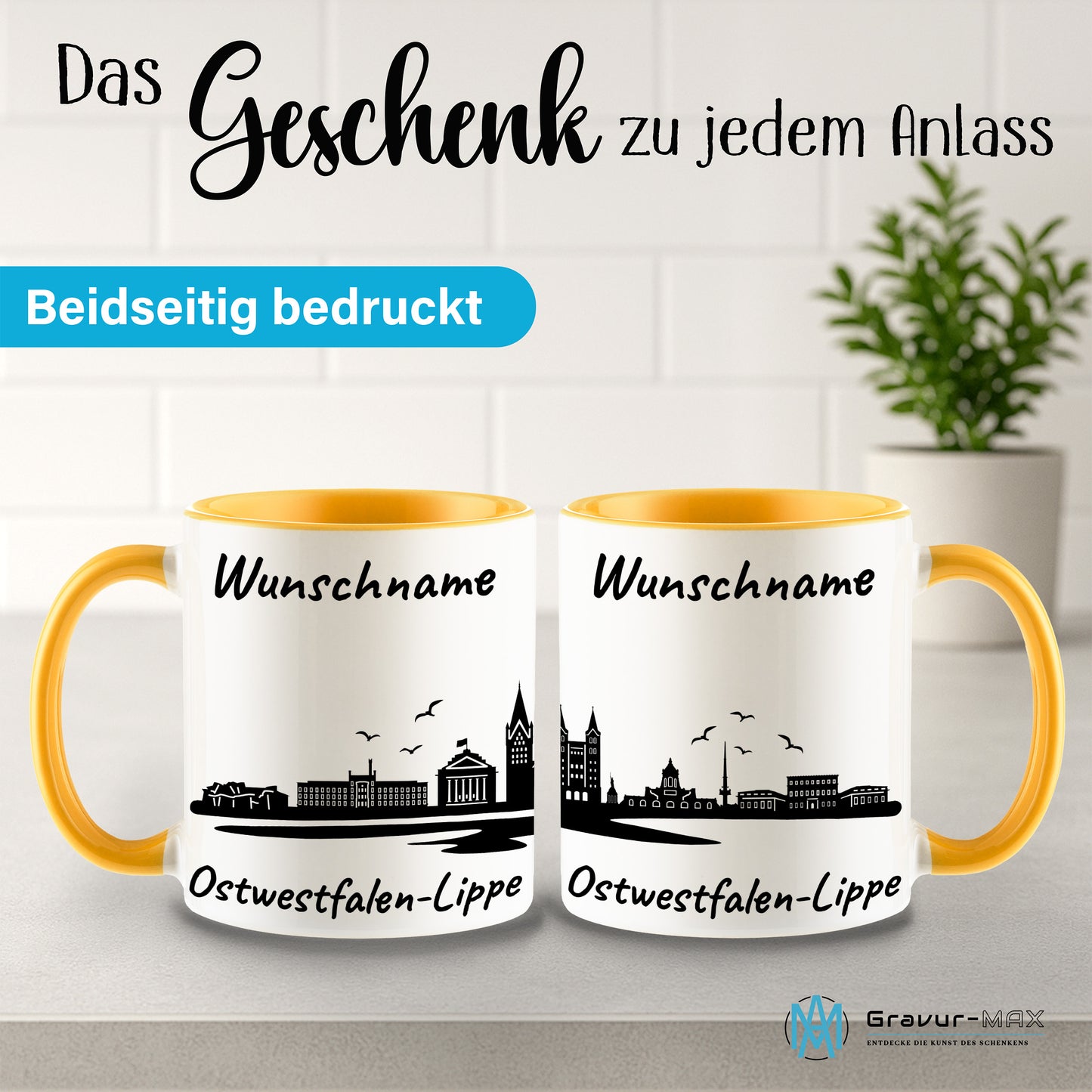 Tasse in Goldgelb 330ml bedruckt mit der Skyline von Ostwestfalen-Lippe personalisierbar mit Wunschname