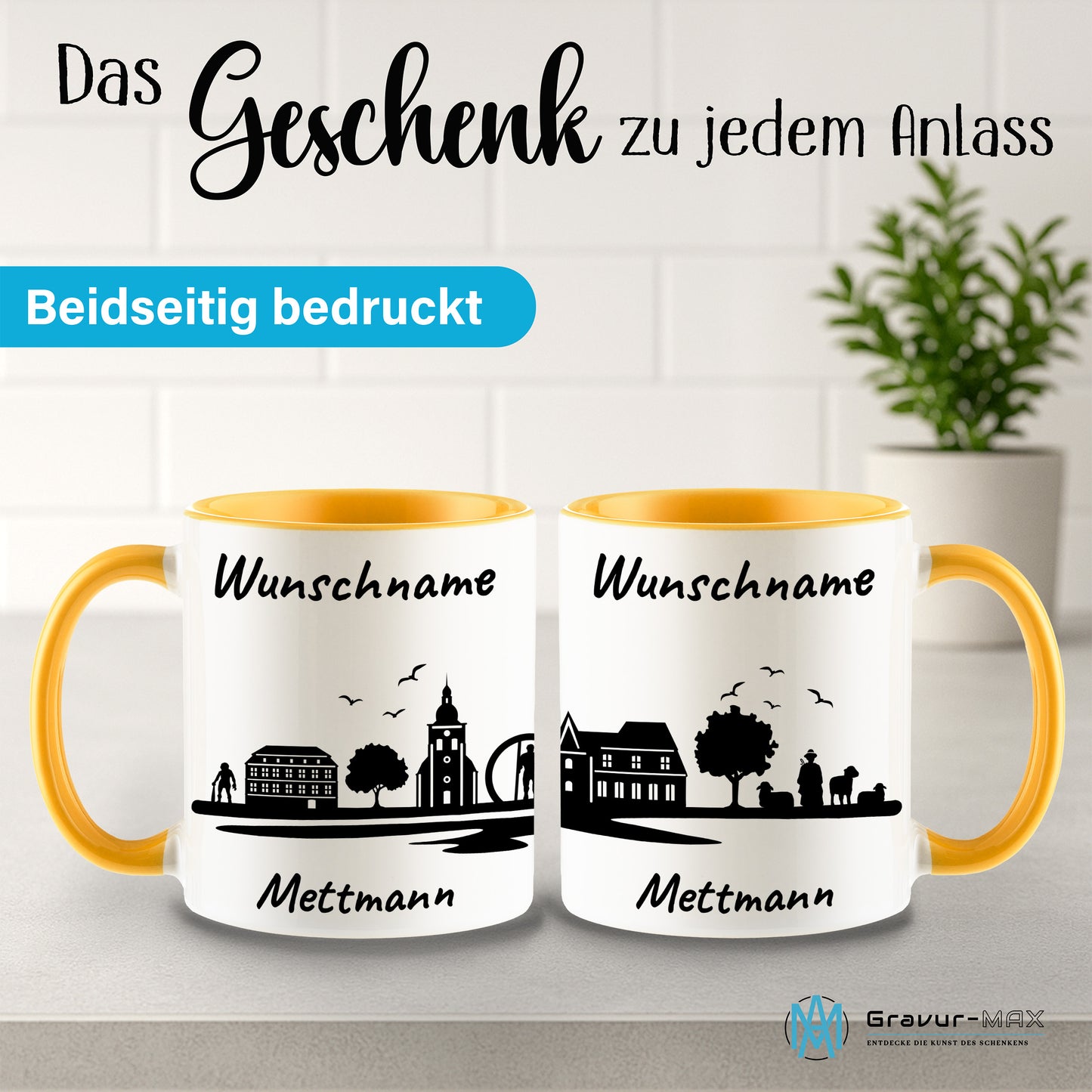 Tasse in Goldgelb 330ml bedruckt mit der Skyline von Mettmann personalisierbar mit Wunschname