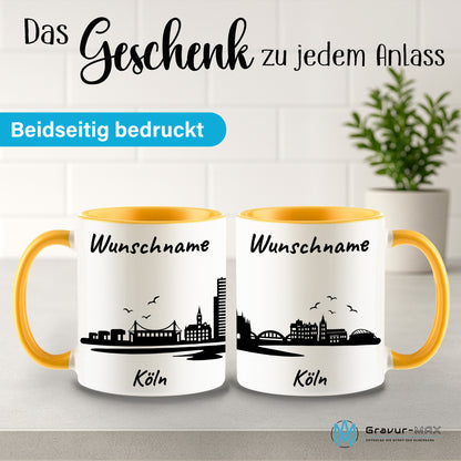 Tasse in Goldgelb 330ml bedruckt mit der Skyline von Köln personalisierbar mit Wunschname
