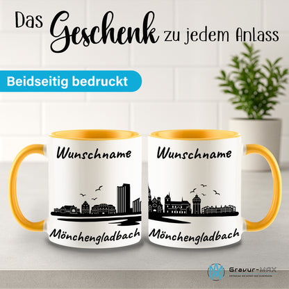 Tasse in Goldgelb 330ml bedruckt mit der Skyline von Mönchengladbach personalisierbar mit Wunschname
