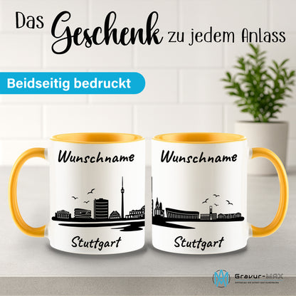 Tasse in Goldgelb 330ml bedruckt mit der Skyline von Stuttgart personalisierbar mit Wunschname