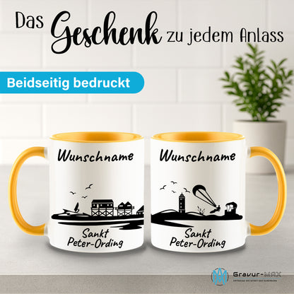 Tasse in Goldgelb 330ml bedruckt mit der Skyline von Sankt Peter-Ording personalisierbar mit Wunschname