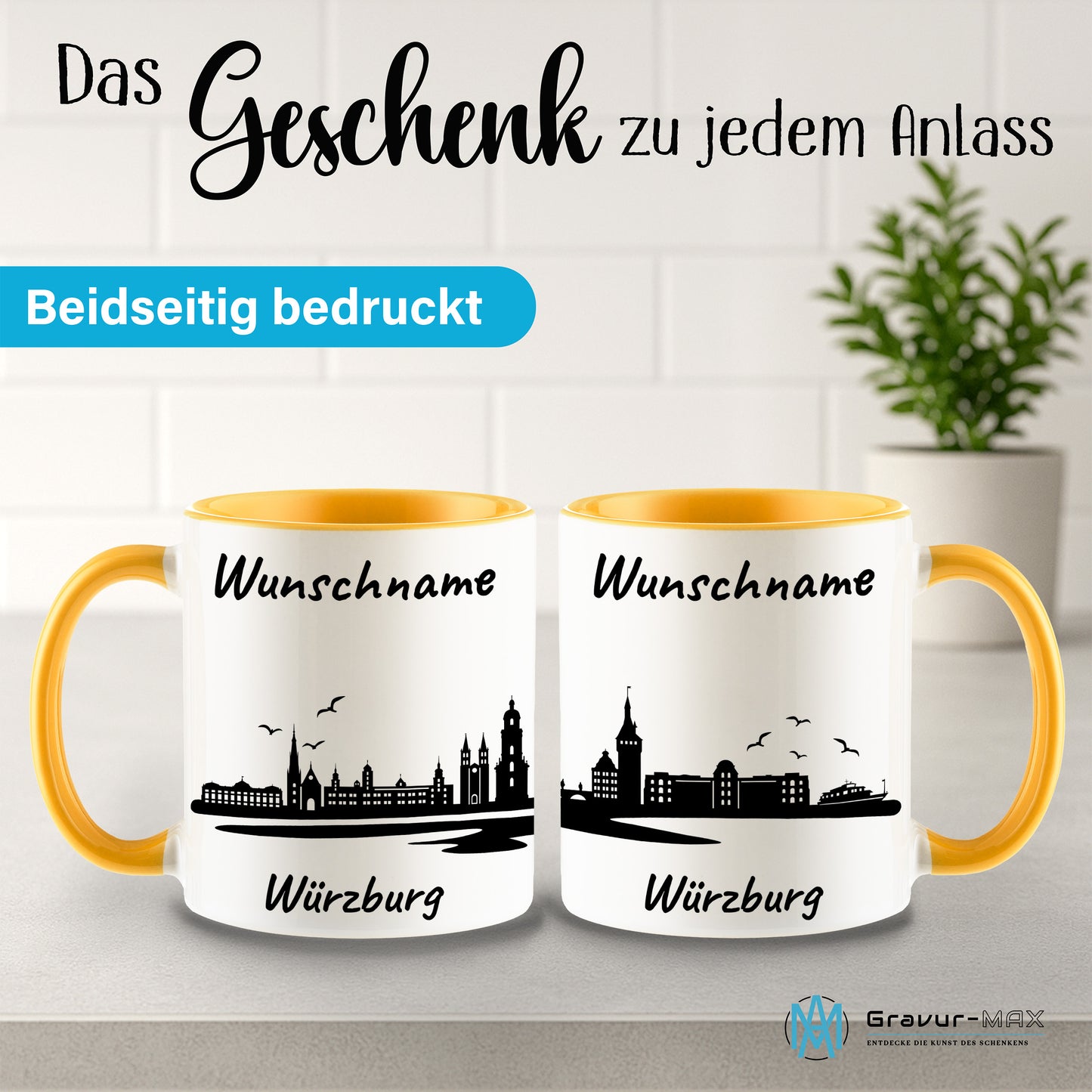 Tasse in Goldgelb 330ml bedruckt mit der Skyline von Würzburg personalisierbar mit Wunschname