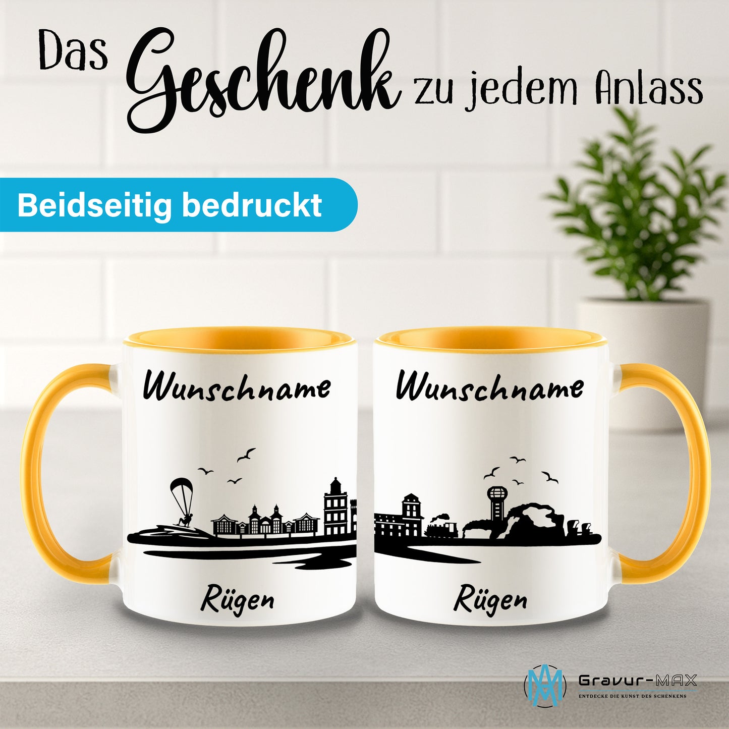 Tasse in Goldgelb 330ml bedruckt mit der Skyline von Rügen personalisierbar mit Wunschname