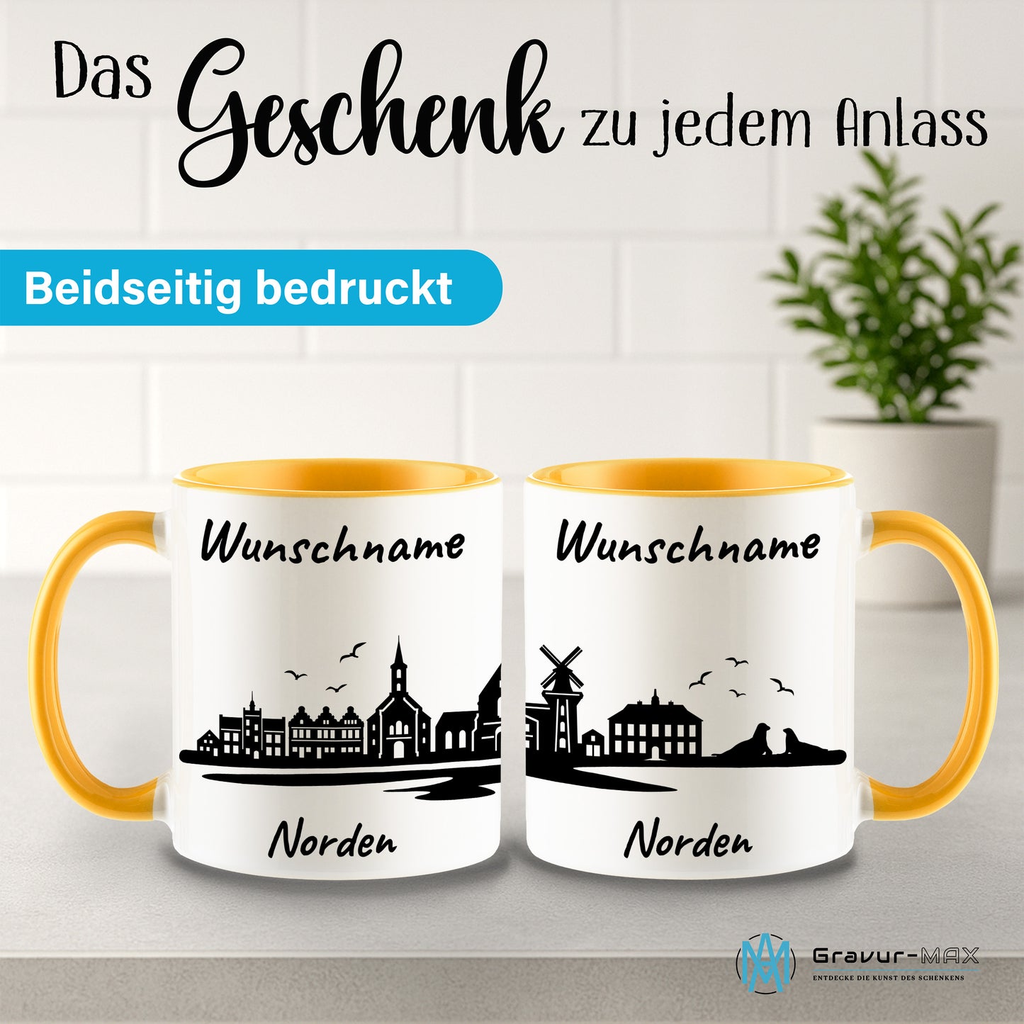 Tasse in Goldgelb 330ml bedruckt mit der Skyline von Norden personalisierbar mit Wunschname