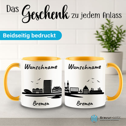 Tasse in Goldgelb 330ml bedruckt mit der Skyline von Bremen personalisierbar mit Wunschname