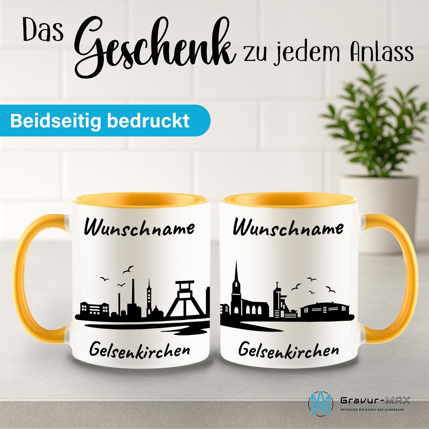 Tasse in Goldgelb 330ml bedruckt mit der Skyline von Gelsenkirchen personalisierbar mit Wunschname