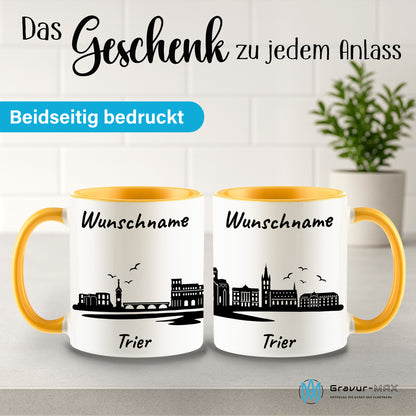 Tasse in Goldgelb 330ml bedruckt mit der Skyline von Trier personalisierbar mit Wunschname