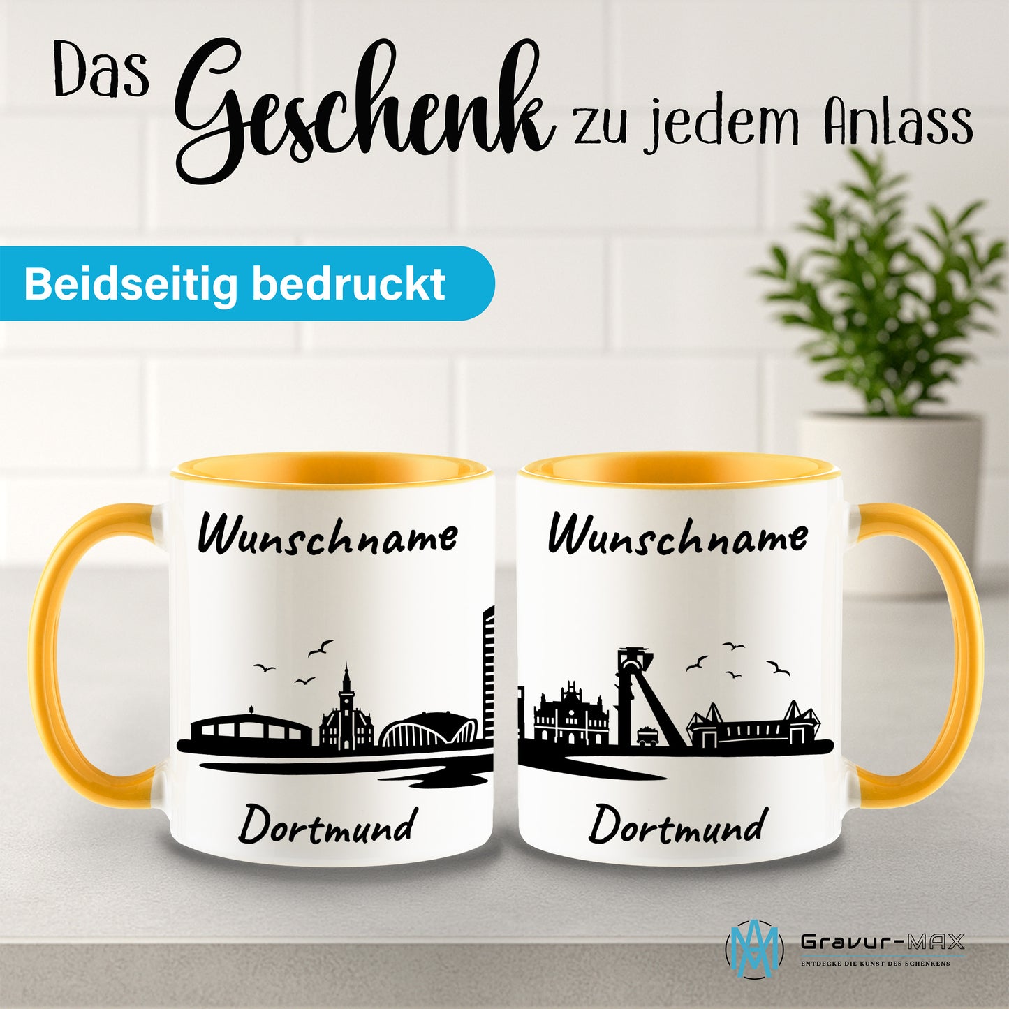 Tasse in Goldgelb 330ml bedruckt mit der Skyline von Dortmund personalisierbar mit Wunschname