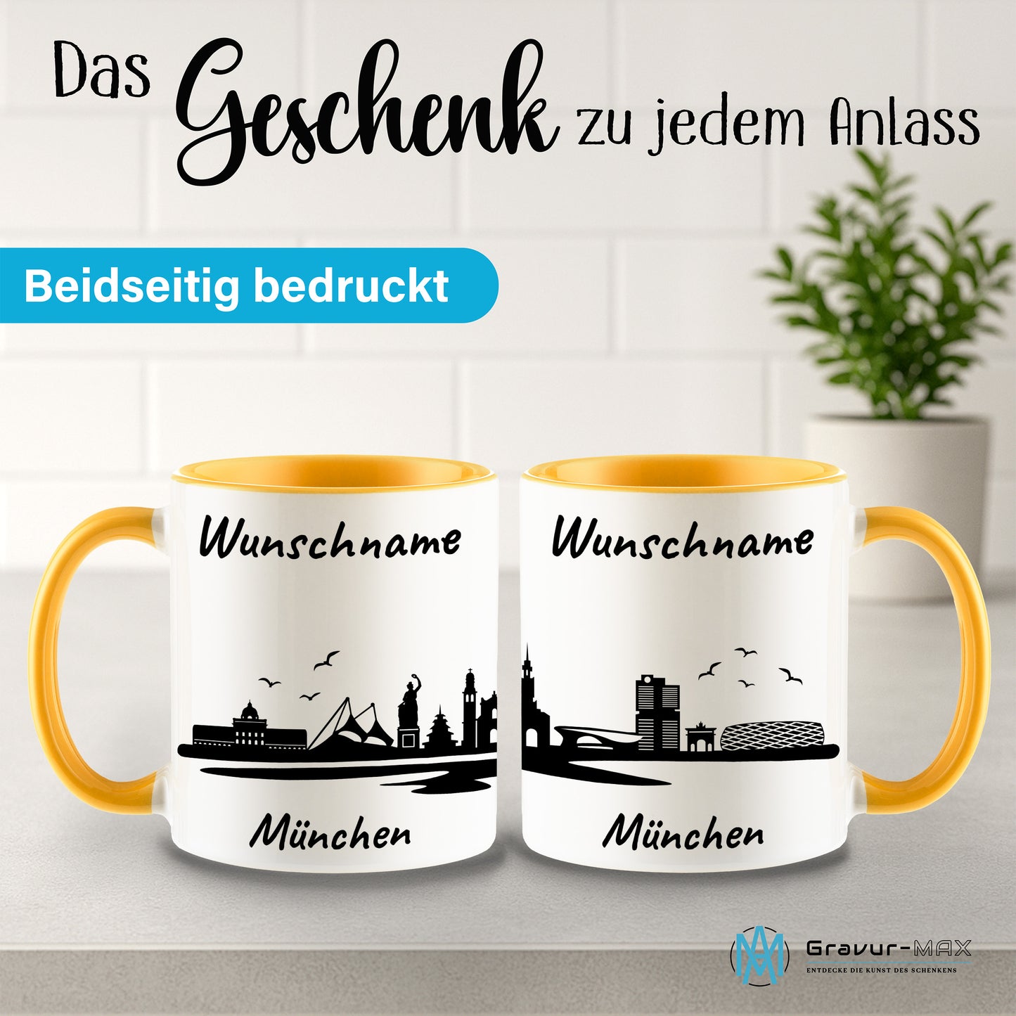 Tasse in Goldgelb 330ml bedruckt mit der Skyline von München personalisierbar mit Wunschname