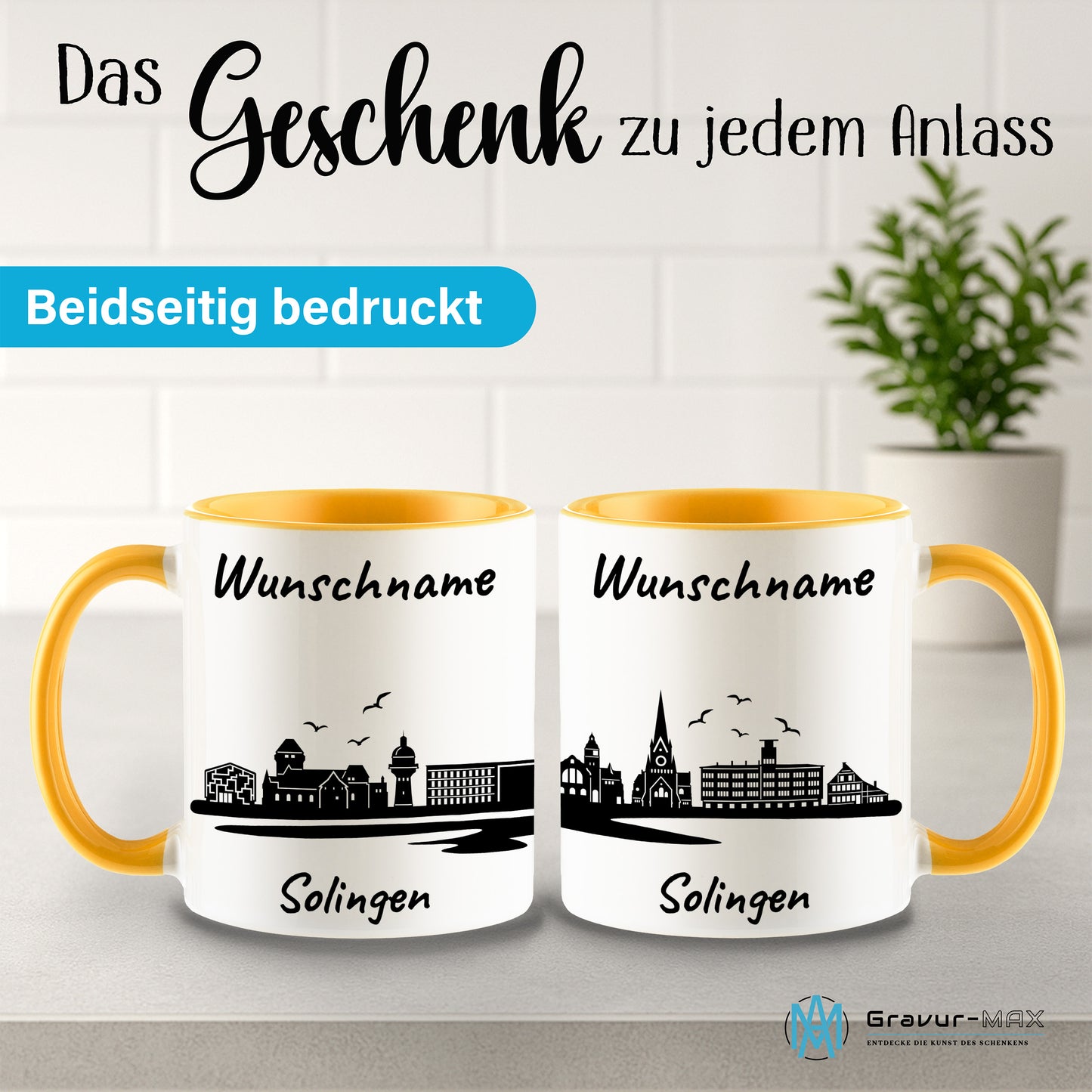 Tasse in Goldgelb 330ml bedruckt mit der Skyline von Solingen personalisierbar mit Wunschname