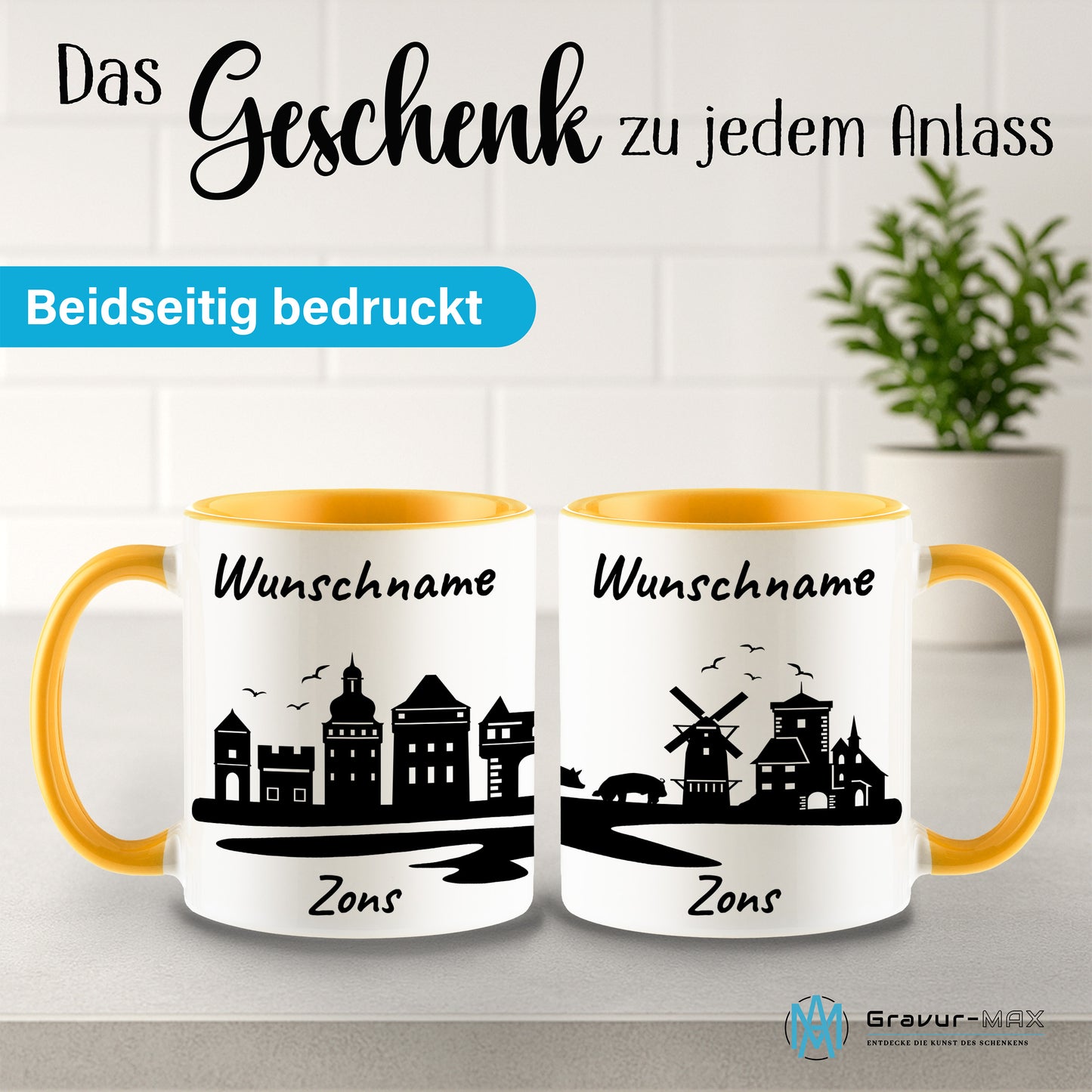 Tasse in Goldgelb 330ml bedruckt mit der Skyline von Zons (Dormagen) personalisierbar mit Wunschname