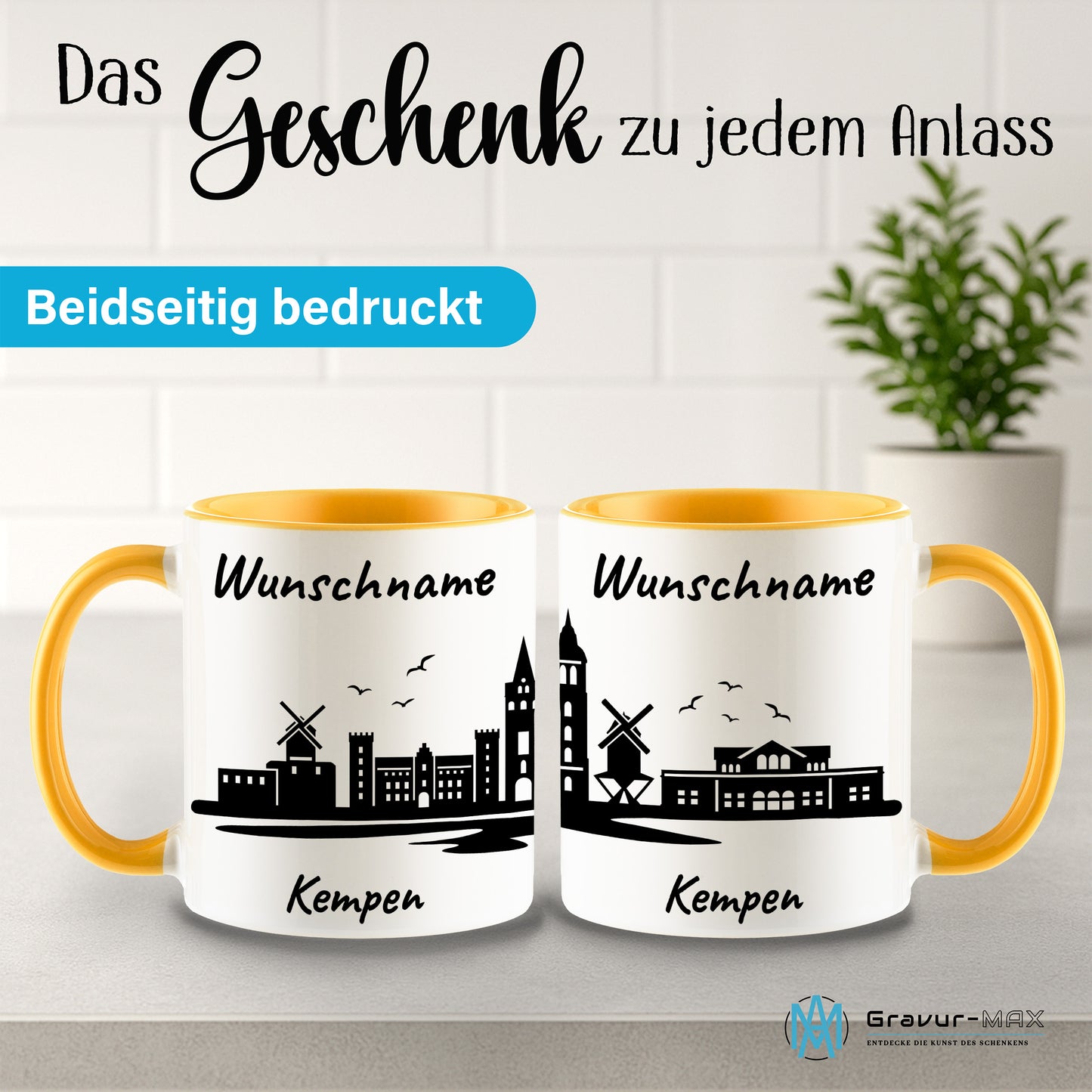 Tasse in Goldgelb 330ml bedruckt mit der Skyline von Kempen personalisierbar mit Wunschname