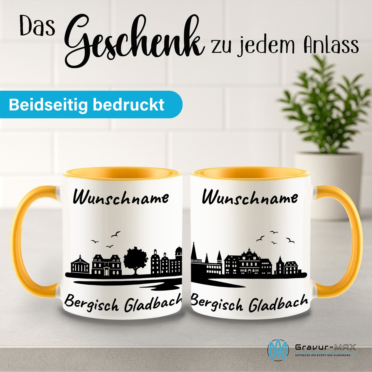 Tasse in Goldgelb 330ml bedruckt mit der Skyline von Bergisch Gladbach personalisierbar mit Wunschname
