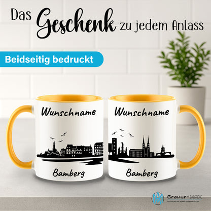 Tasse in Goldgelb 330ml bedruckt mit der Skyline von Bamberg personalisierbar mit Wunschname