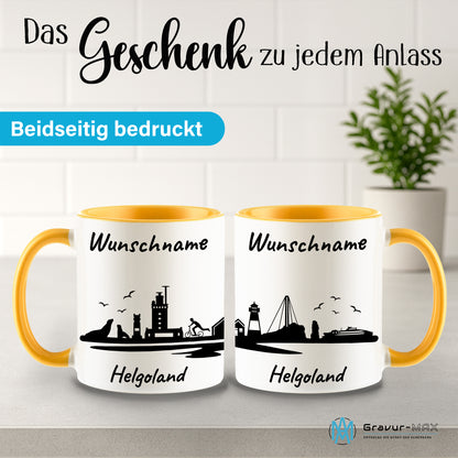 Tasse in Goldgelb 330ml bedruckt mit der Skyline von Helgoland personalisierbar mit Wunschname