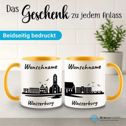 Tasse in Goldgelb 330ml bedruckt mit der Skyline von Wasserburg personalisierbar mit Wunschname