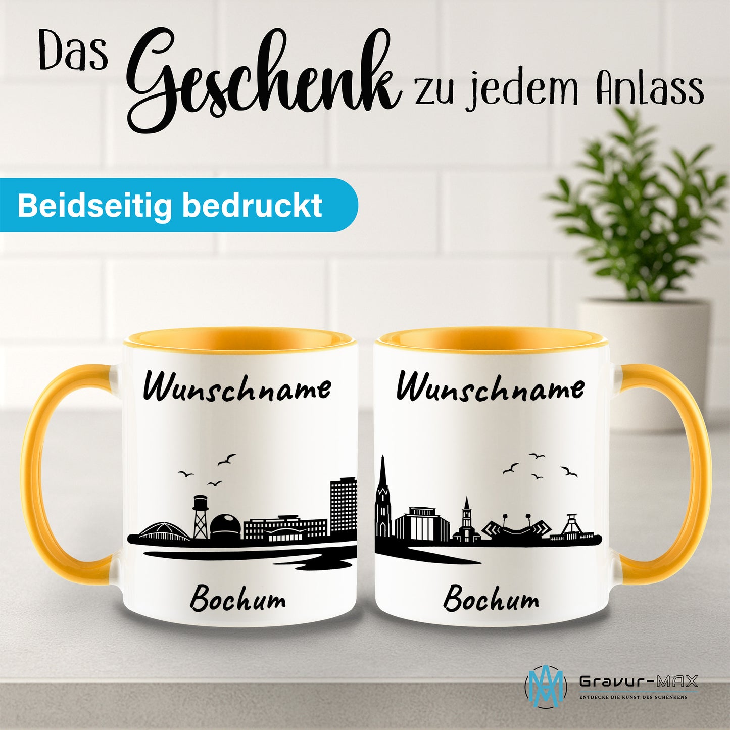 Tasse in Goldgelb 330ml bedruckt mit der Skyline von Bochum personalisierbar mit Wunschname