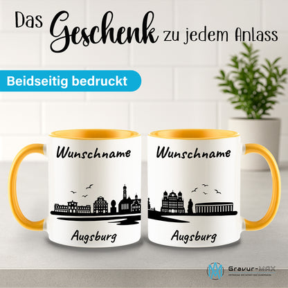 Tasse in Goldgelb 330ml bedruckt mit der Skyline von Augsburg personalisierbar mit Wunschname