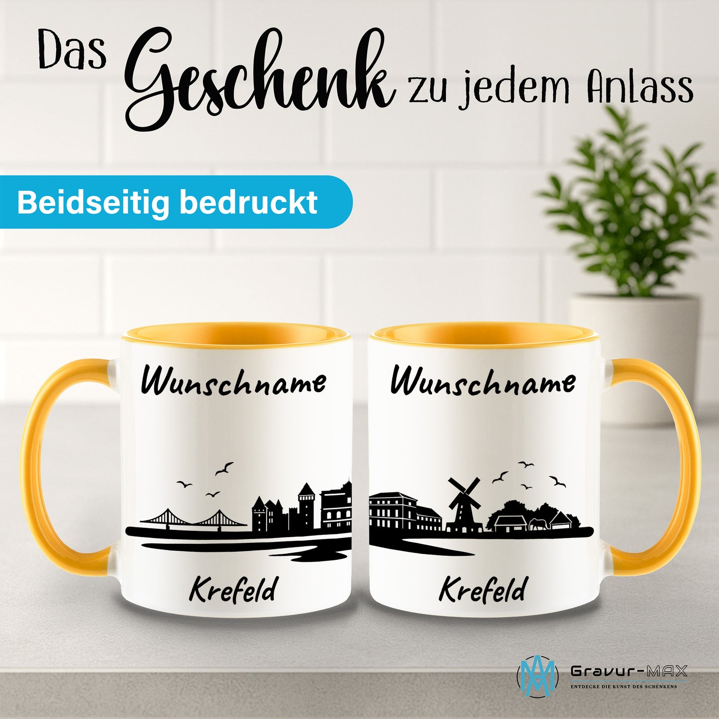 Tasse in Goldgelb 330ml bedruckt mit der Skyline von Krefeld personalisierbar mit Wunschname