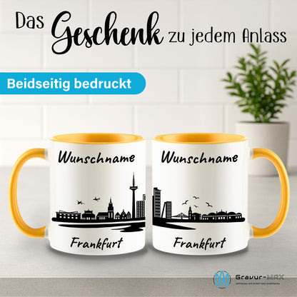 Tasse in Goldgelb 330ml bedruckt mit der Skyline von Frankfurt personalisierbar mit Wunschname