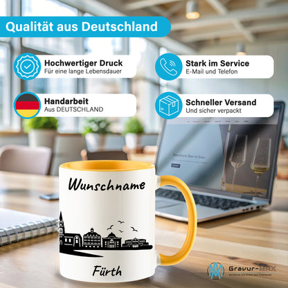 Tasse in Goldgelb 330ml bedruckt mit der Skyline von Fürth personalisierbar mit Wunschname