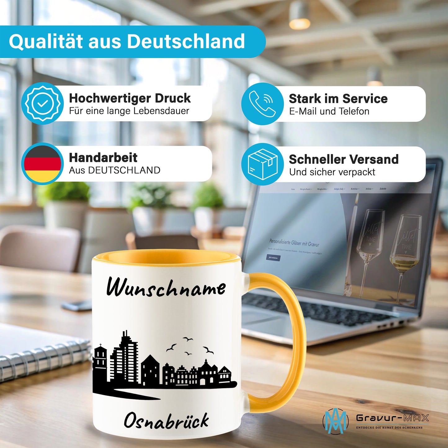 Tasse in Goldgelb 330ml bedruckt mit der Skyline von Osnabrück personalisierbar mit Wunschname