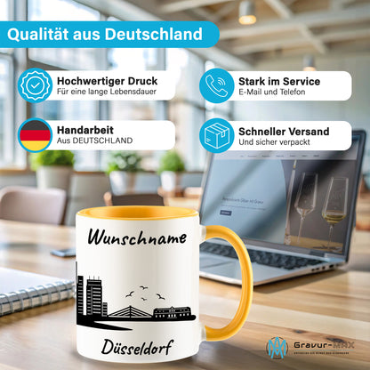Tasse in Goldgelb 330ml bedruckt mit der Skyline von Düsseldorf personalisierbar mit Wunschname