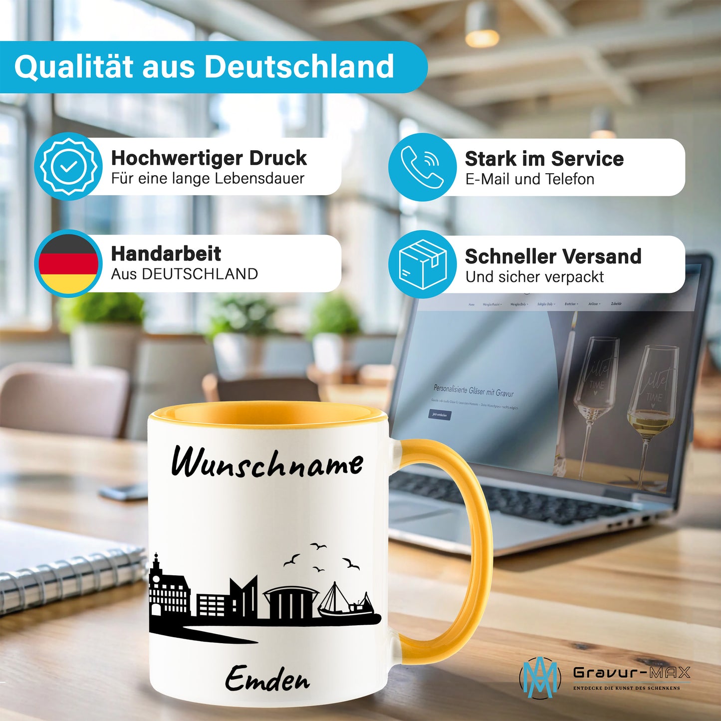 Tasse in Goldgelb 330ml bedruckt mit der Skyline von Emden personalisierbar mit Wunschname