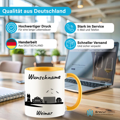 Tasse in Goldgelb 330ml bedruckt mit der Skyline von Weimar personalisierbar mit Wunschname