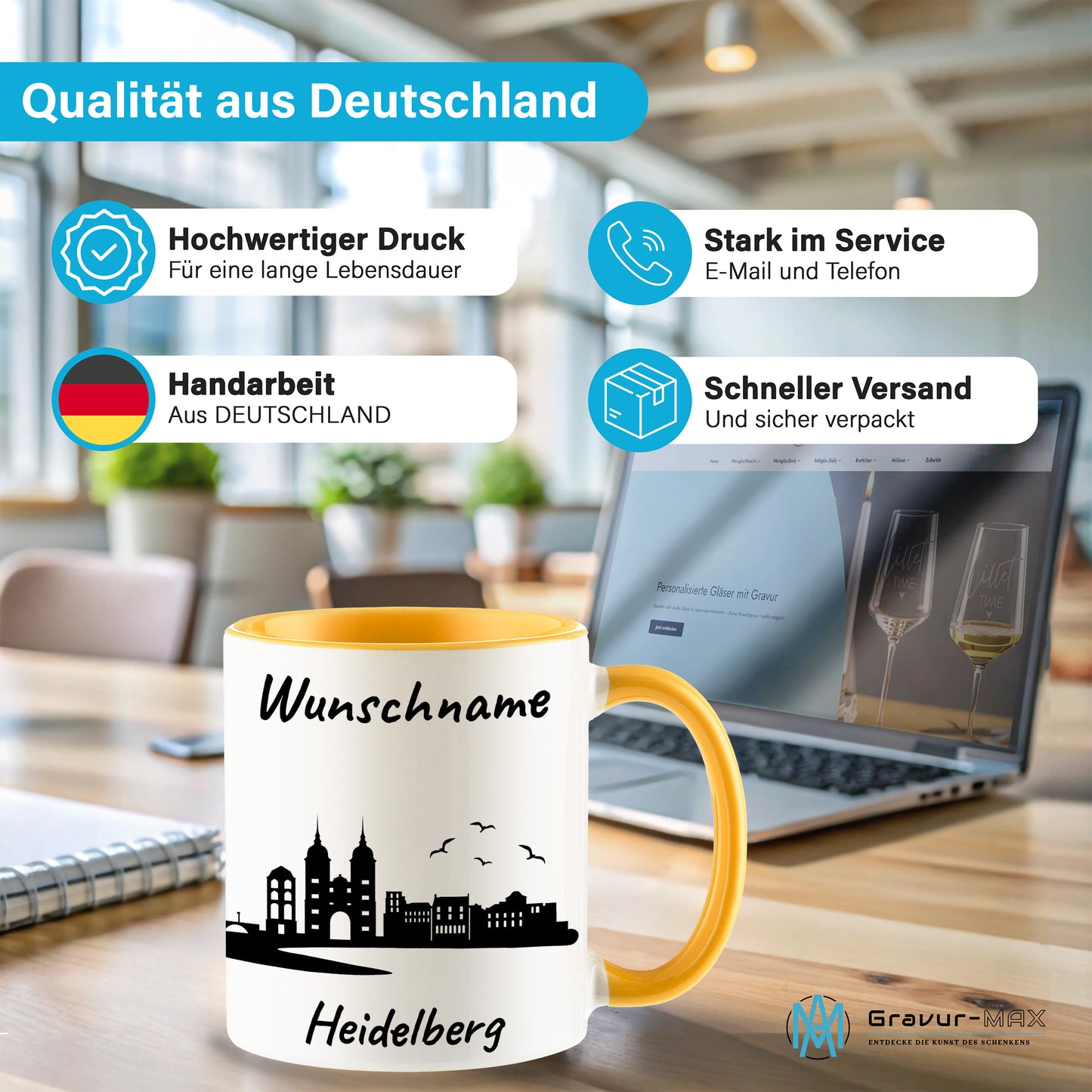 Tasse in Goldgelb 330ml bedruckt mit der Skyline von Heidelberg personalisierbar mit Wunschname