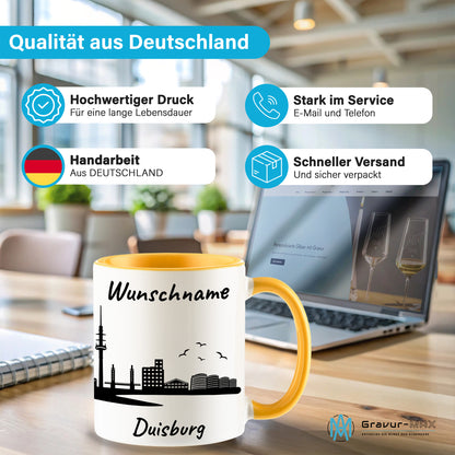 Tasse in Goldgelb 330ml bedruckt mit der Skyline von Duisburg personalisierbar mit Wunschname